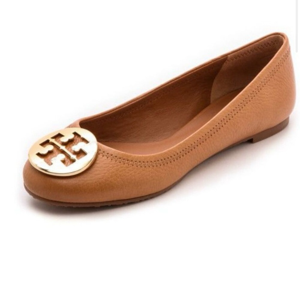 Tory Burch Tan Flats with Gold Logo - Picture 3 of 9